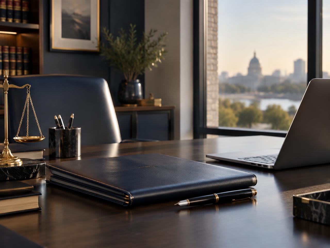 Mesa de escritório de advocacia com pasta de documentos e luz natural